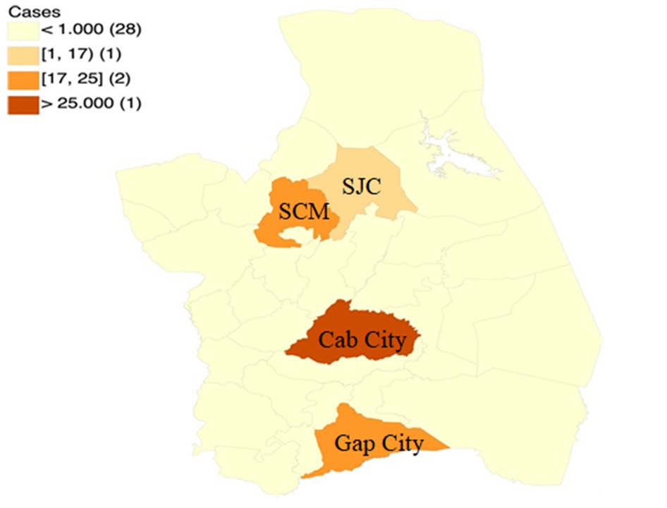 Figure 1 Spatial distribution of canine heartworm infection among dogs in veterinary clinics across Cabatuan, Gapan, Muñoz, and San Jose in Nueva Ecija, Philippines