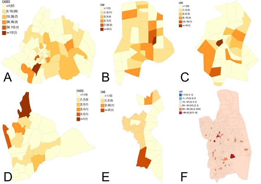 Figure 1. Spatial distribution of laboratory-confirmed canine mono-cytic ehrlichiosis cases in (A) Cabanatuan City, (B) Muñoz City, (C) San Jose City, (D) Gapan City, (E) Palayan City, and (F) municipalities of Nueva Ecija, Philippines, during 2021–2022.