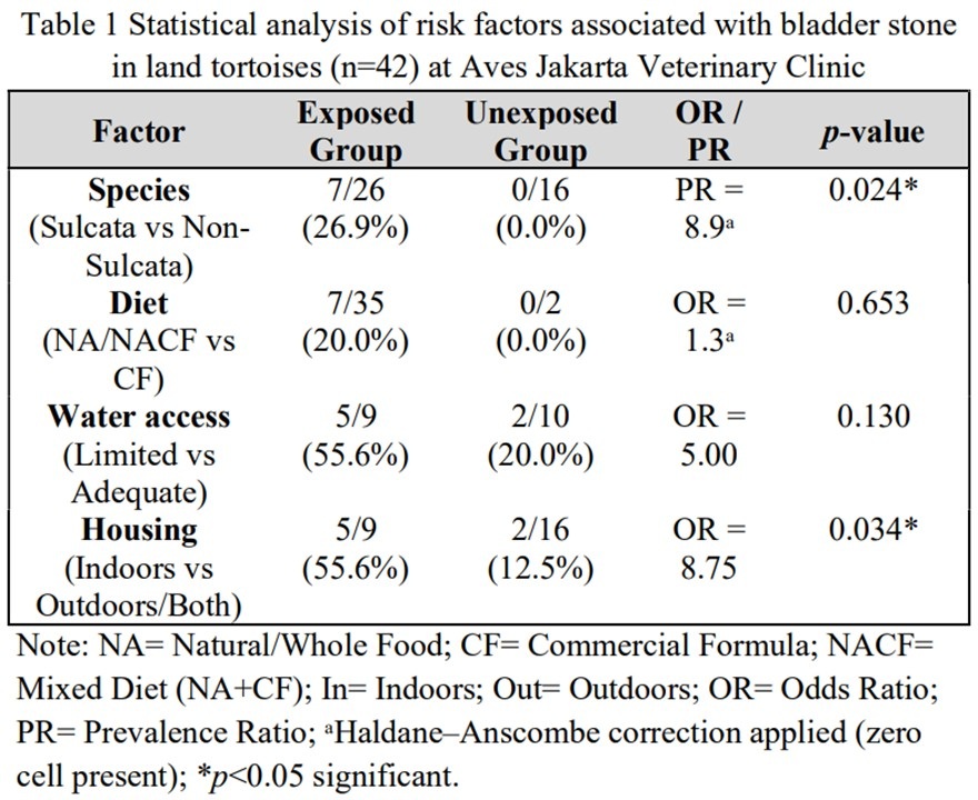 Table 1 Statistical analysis of risk factors associated with bladder stone in land tortoises (n=42) at Aves Jakarta Veterinary Clinic