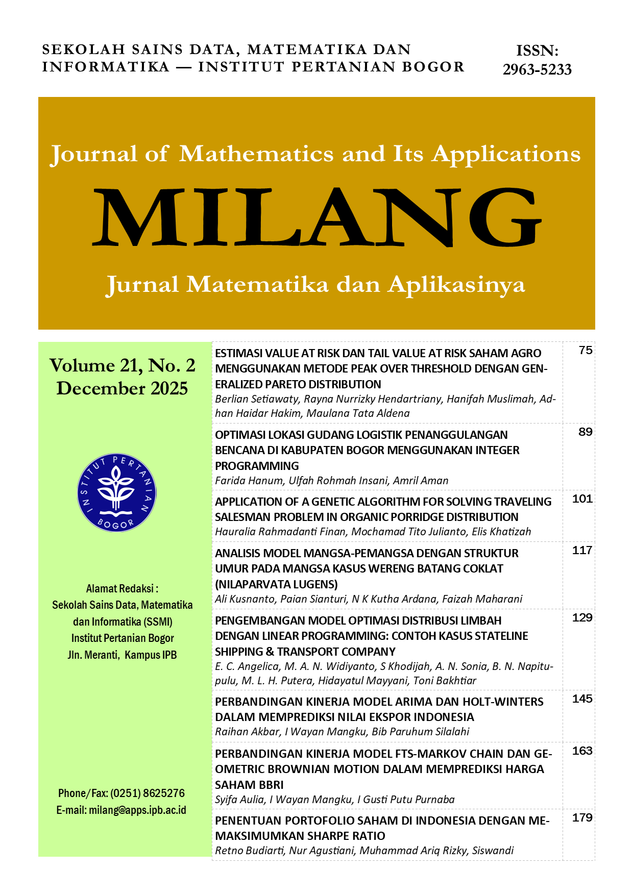 					View Vol. 21 No. 2 (2025): MILANG Journal of Mathematics and Its Applications
				