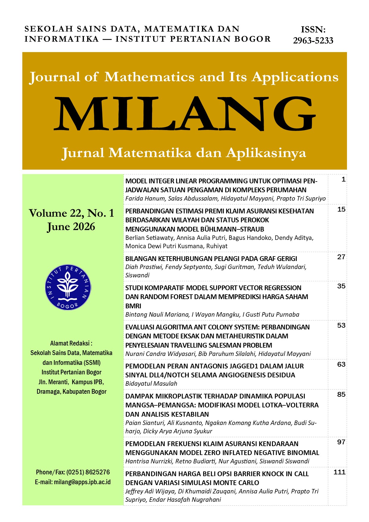 					View Vol. 22 No. 1 (2026): MILANG Journal of Mathematics and Its Applications
				